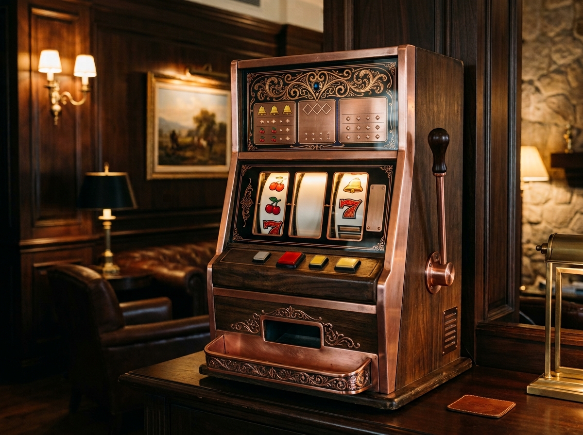 Generic classic three-reel physical machine in a walnut and copper interior