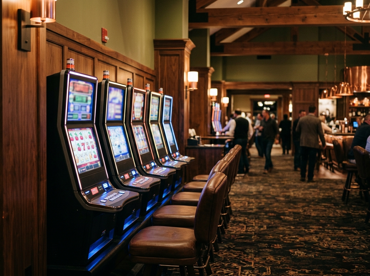 Row of generic modern digital physical machines in an elegant lodge-style hall