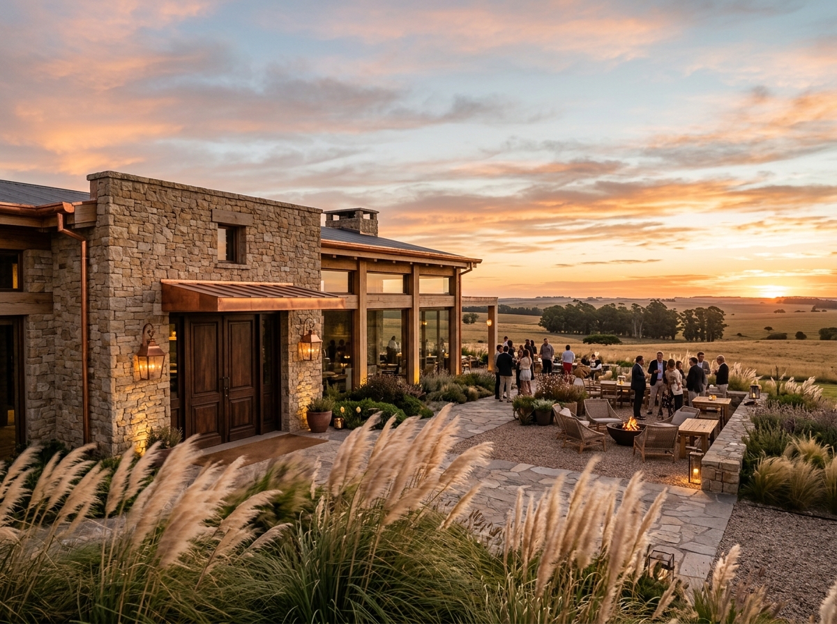 Contemporary estancia-inspired entertainment venue at sunset with warm stone and copper details