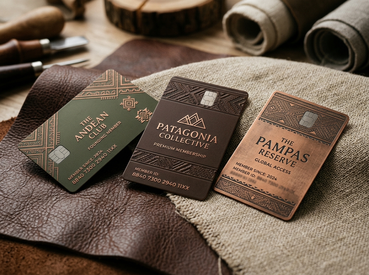 Three premium membership card examples on leather and linen