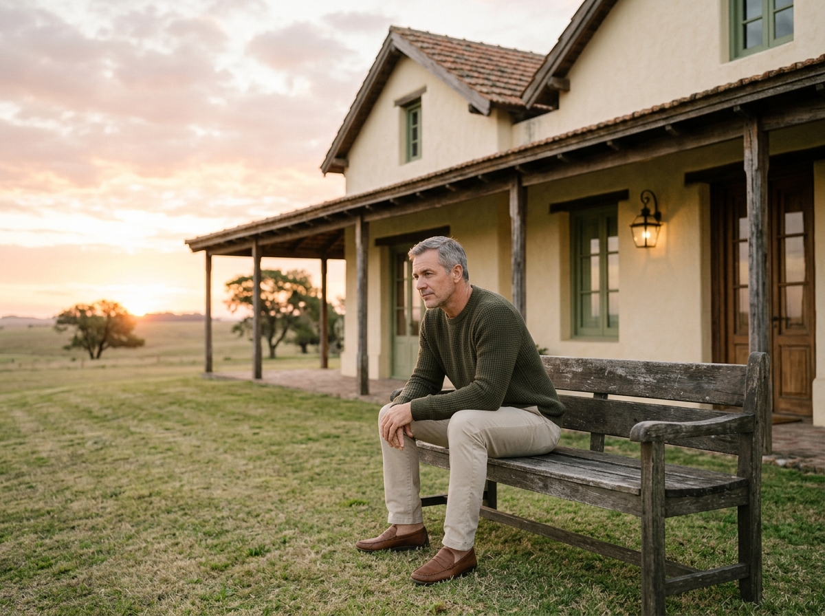 Adult visitor taking a quiet break outside an estancia-style venue