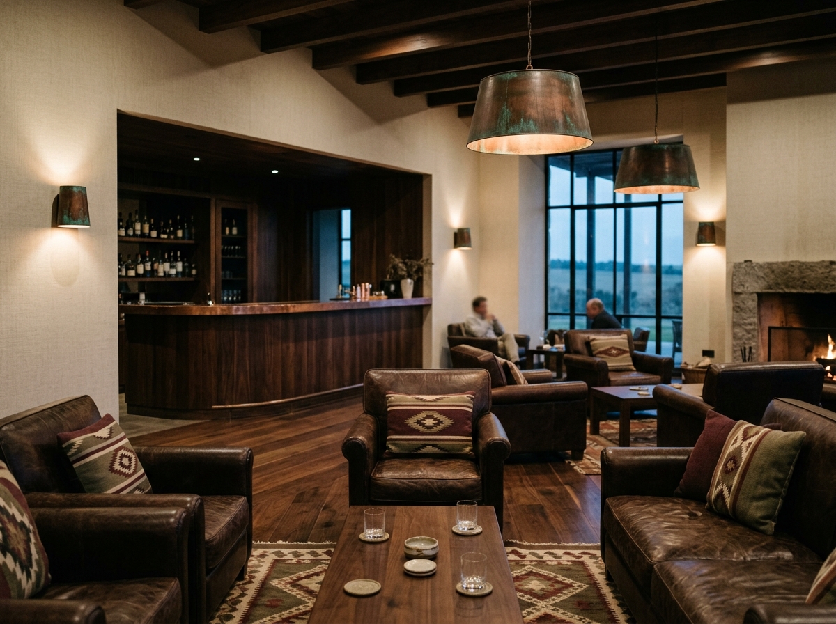 Refined modern Argentine estancia club interior with leather, linen and walnut