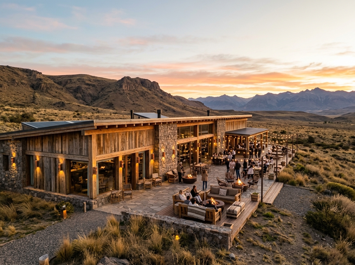 Modern estancia-inspired entertainment venue in Neuquén at sunset