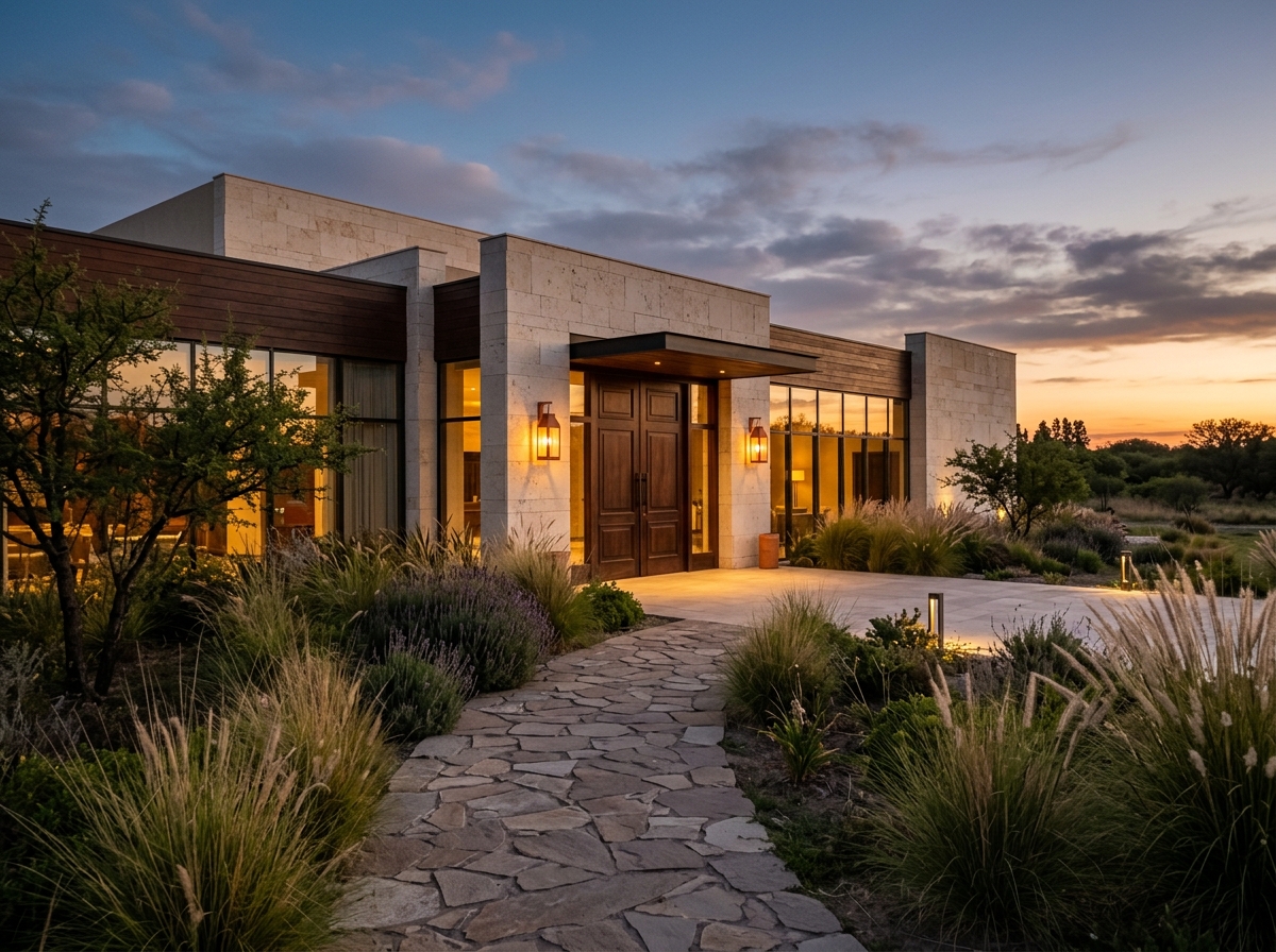 Contemporary entertainment venue in Santa Rosa with native grasses at dusk
